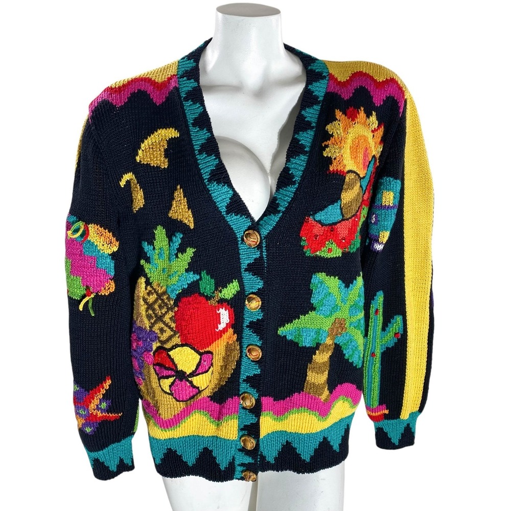 Berek Marta D Sweater Large Hand Knit Cactus Sombreros Palm‎ Trees Fruit